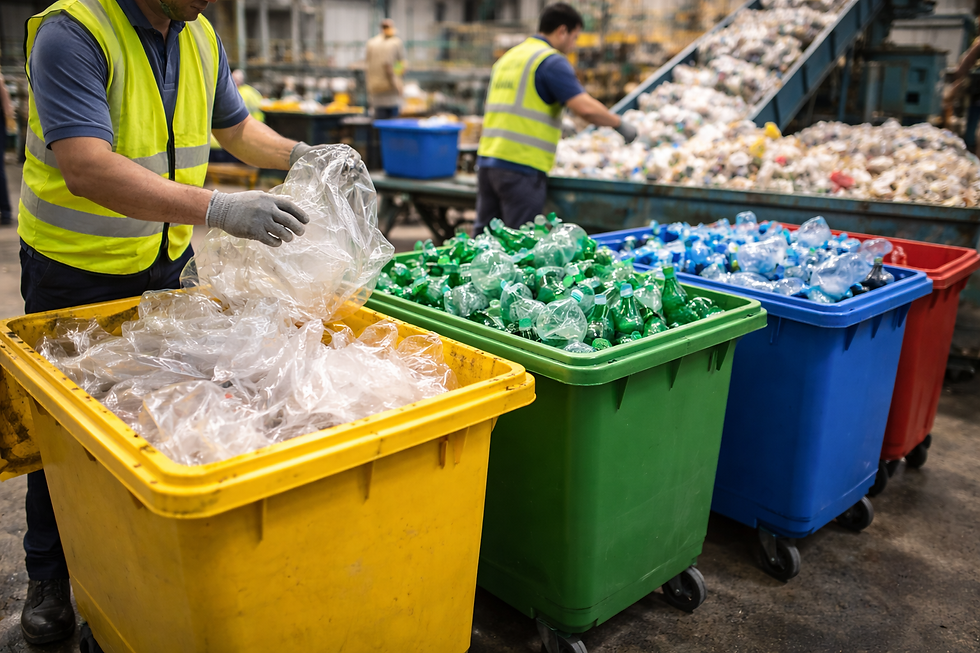 Separação de resíduos plásticos em esteira industrial para reciclagem de embalagens flexíveis de polietileno.