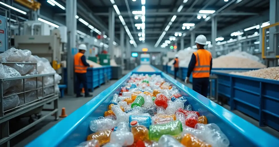 Esteira industrial com plásticos coloridos sendo separados para reciclagem 
