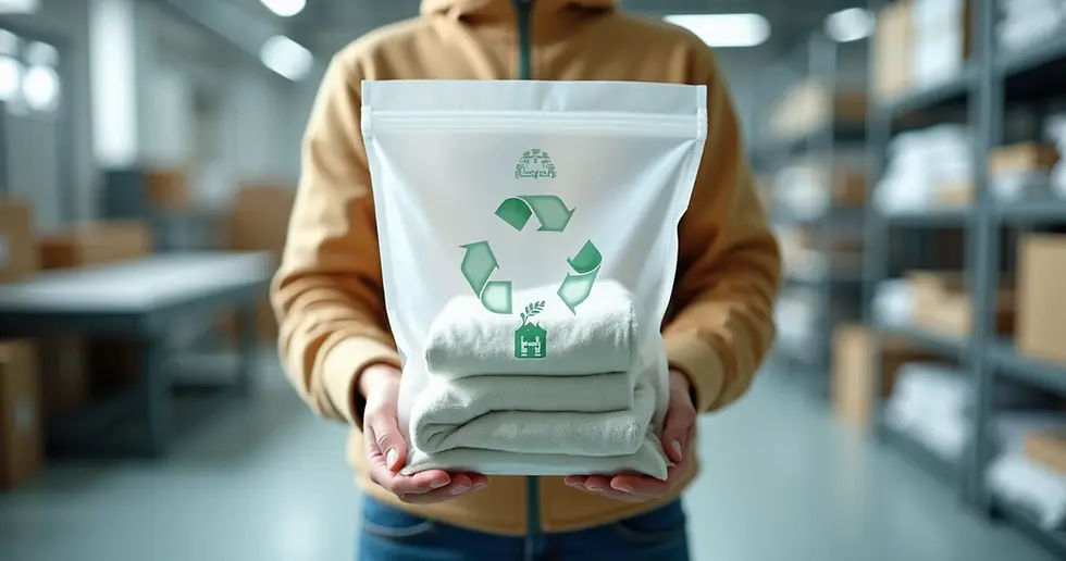 Mãos segurando embalagem plástica biodegradável transparente com ícones de sustentabilidade