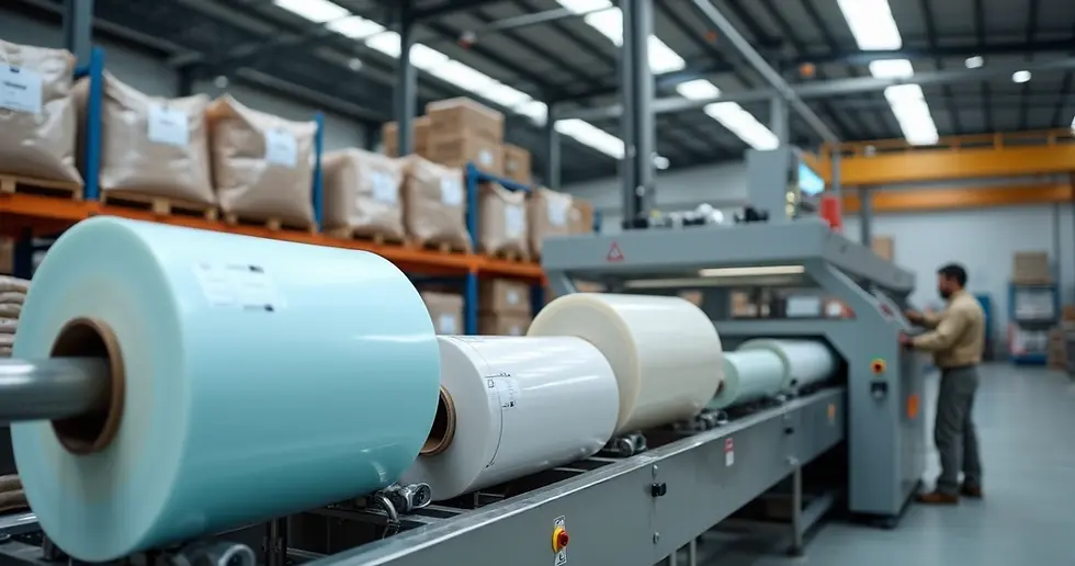 Bobinas de plástico reciclado colorido em linha de produção industrial 