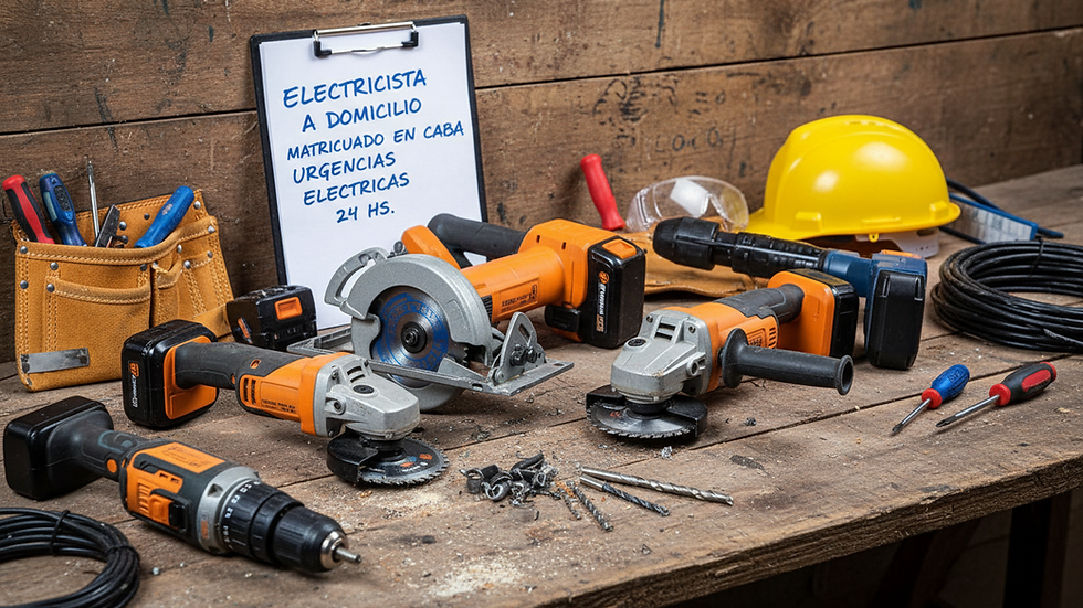 Plano detalle de herramientas eléctricas sobre una mesa de trabajo