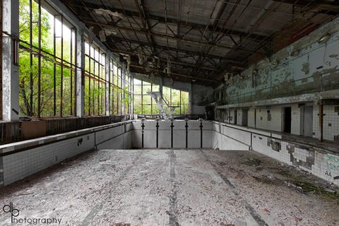 The Azure swimming pool located in the city of Pripyat close to Chernobyl.  Built in the 1970s and was in use until 1998 (12 years after after the disaster).  During this time it was used by the liquidators.
