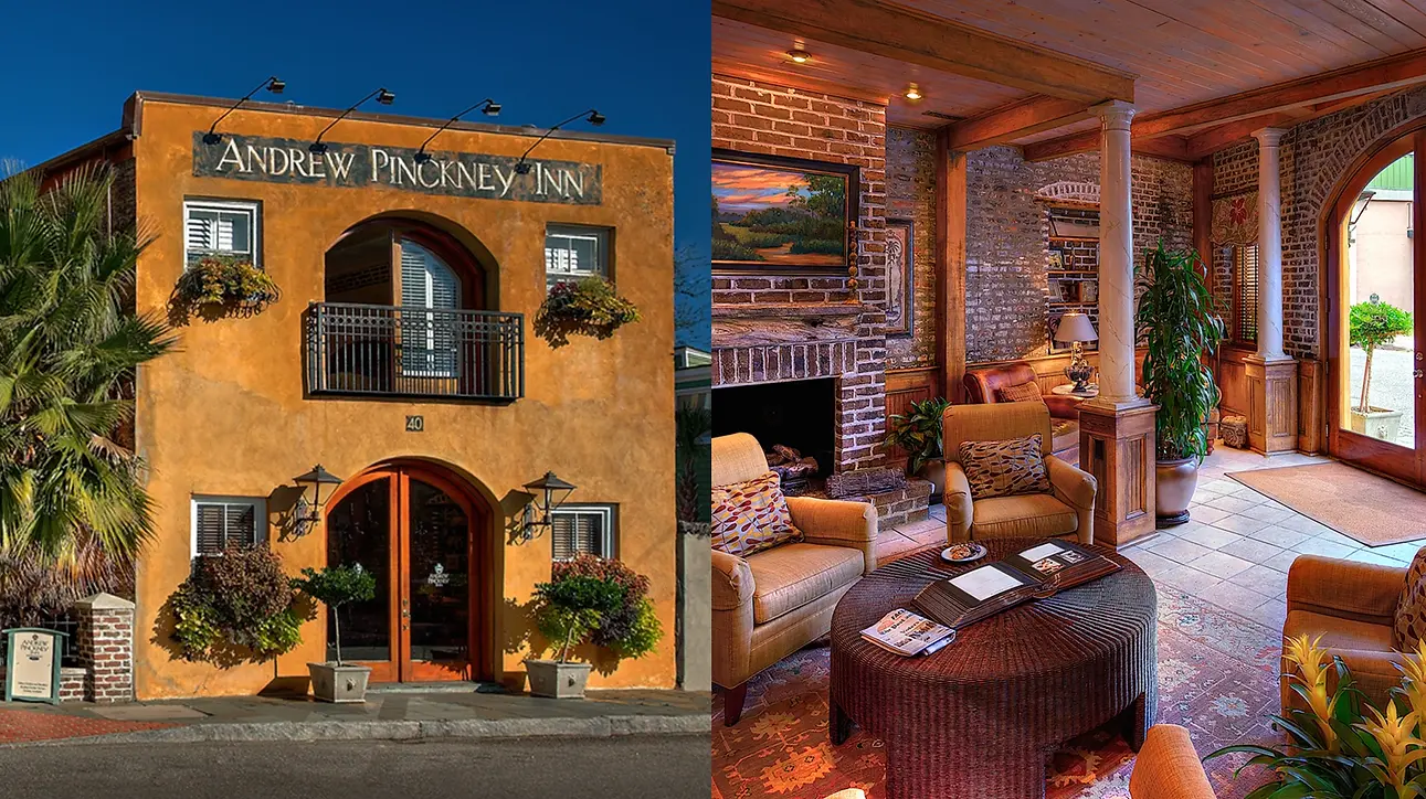 Side by side view of exterior and interior of the Andrew Pinckney Inn in Charleston, SC.