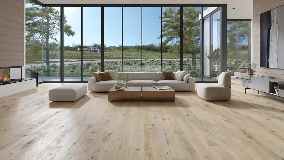 Contemporary living room with wood flooring, glass walls, fireplace, and minimalist sectional sofas.