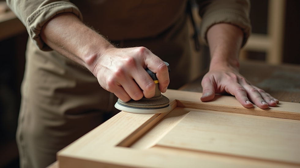 Close-up view of a craftsman sanding a custom wooden cabinet door