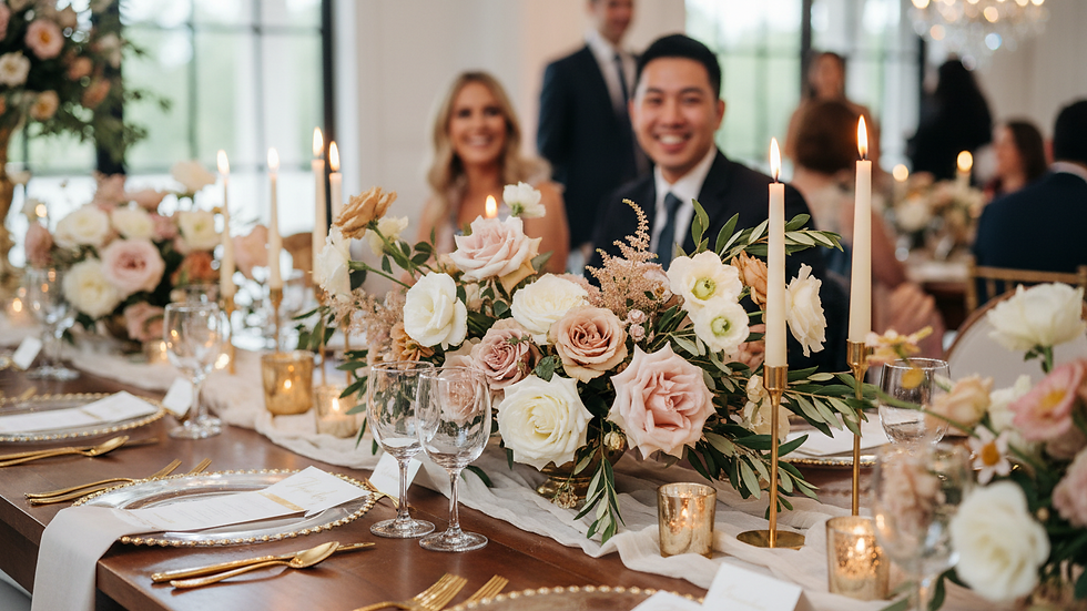 Close-up view of elegant floral centerpiece on a corporate event table