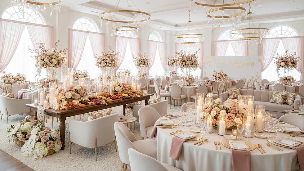 Wide angle view of a decorated event space with floral centerpieces