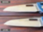 Before-and-after comparison showing a damaged Leatherman multitool knife edge repaired and resharpened by InLine Sharpening.