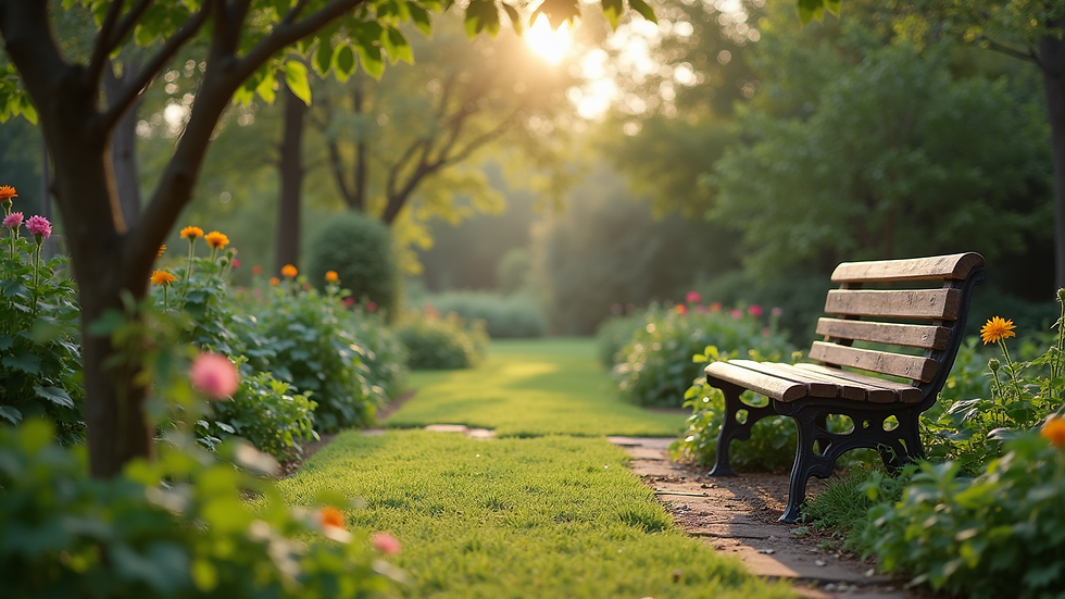 Eye-level view of a peaceful garden setting with a bench