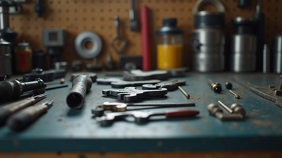 Close-up view of tools laid out on a workbench