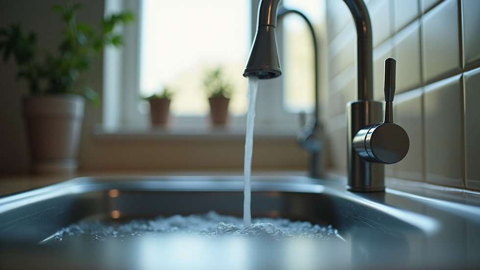 Eye-level view of a kitchen sink faucet with a small leak