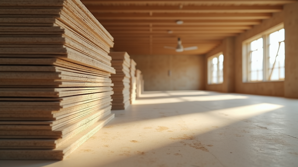 Eye-level view of drywall sheets stacked neatly in a construction site