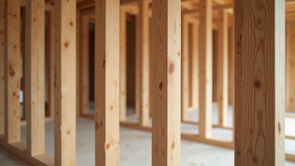 Eye-level view of wooden wall framing with studs aligned