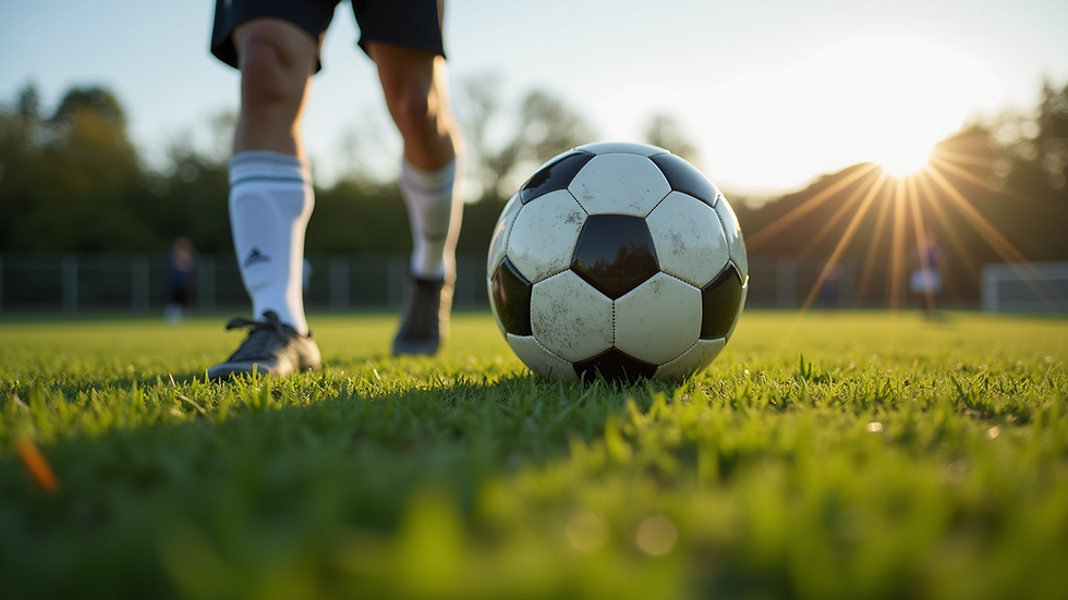 Eye-level view of a soccer ball on a grassy field