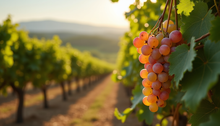 High angle view of a vineyard in Puglia with ripe grape clusters ready for harvest
