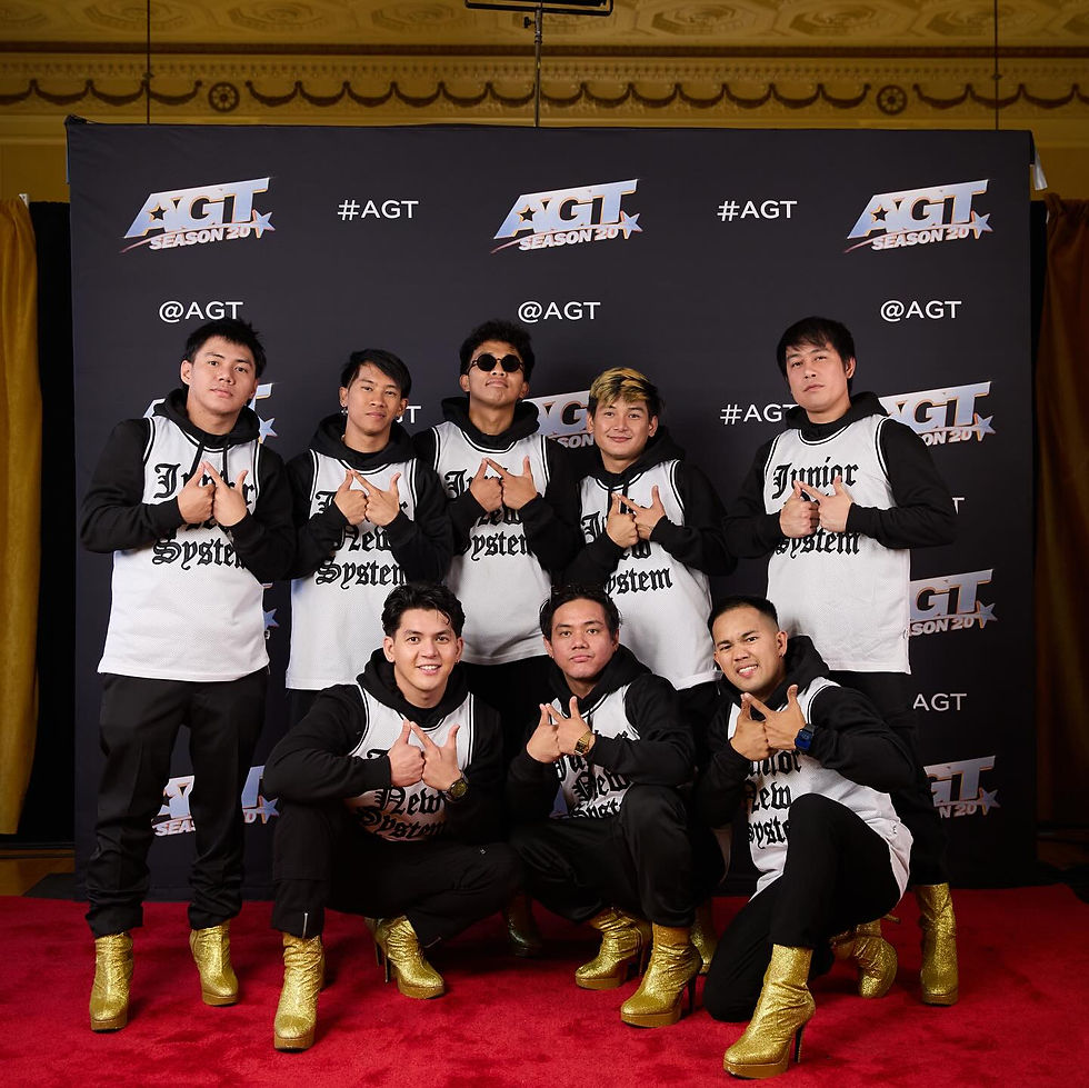 Eight dancers on AGT red carpet wearing gold boots with heels