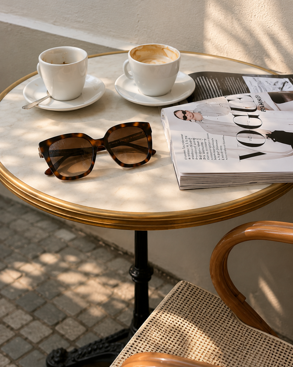 Lunettes de soleil, magazine et cafés mis en scène pour Maison Letailleur.