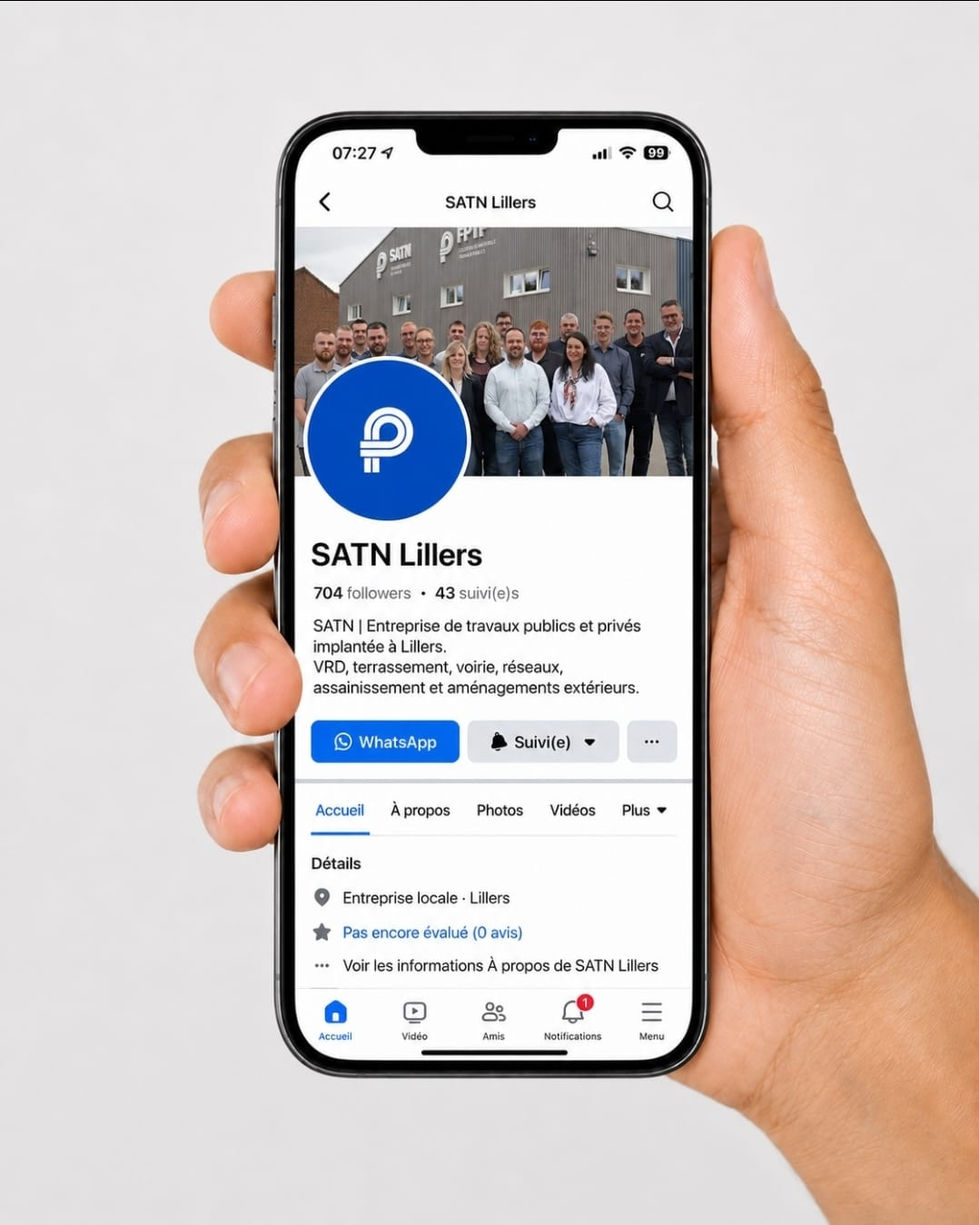 Présentation de la page Facebook de SATN Lillers sur smartphone.