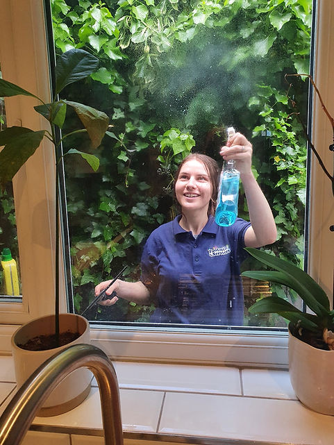 Female cleaner spraying glass cleaner onto a window pane with house plants in the foreground and a lush green wall backdrop