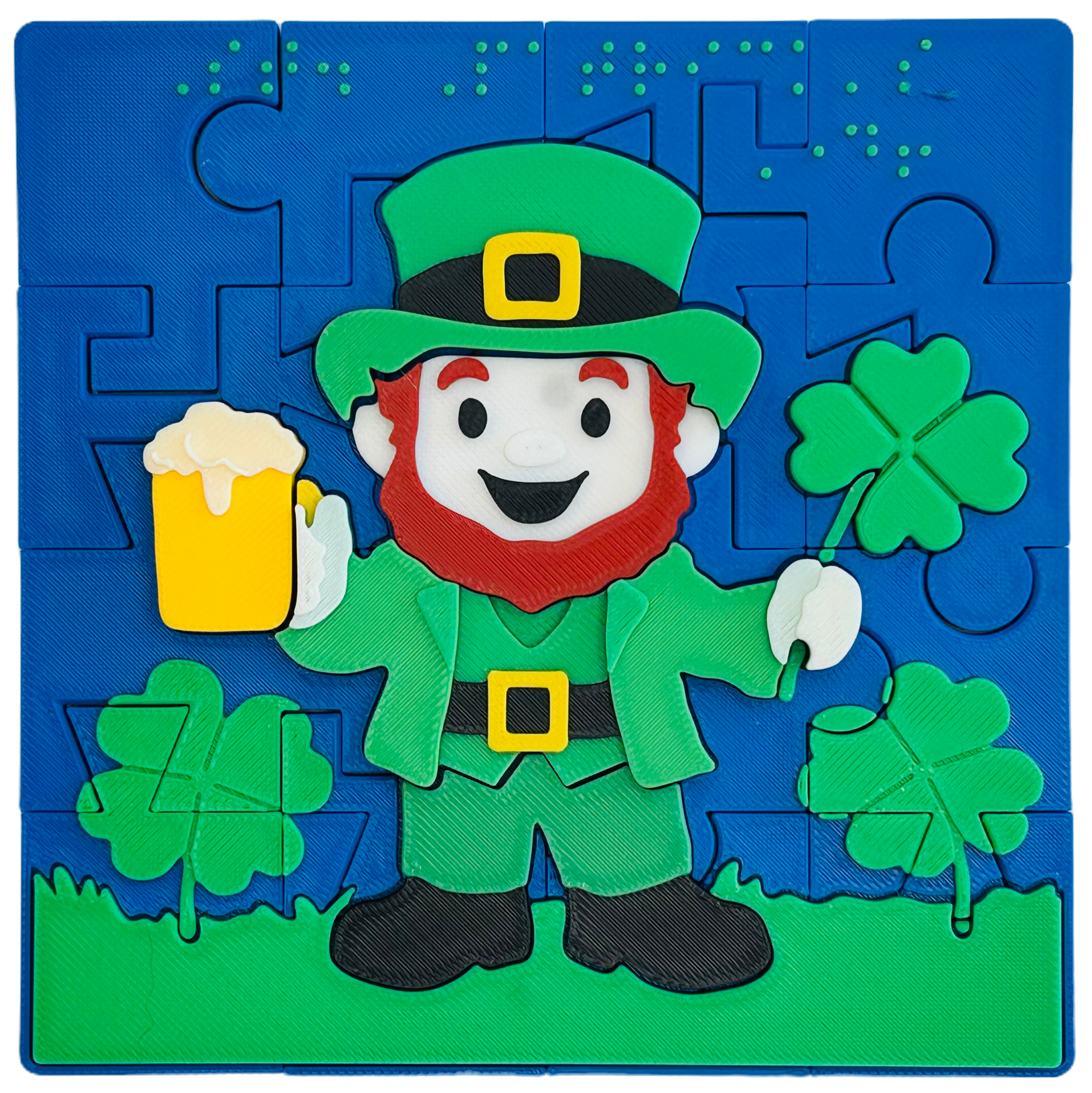 A completed, layered, tactile jigsaw puzzle depicting several St. Patrick's Day images