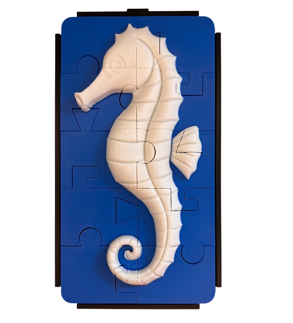 A completed relief tactile jigsaw puzzle of a seahorse