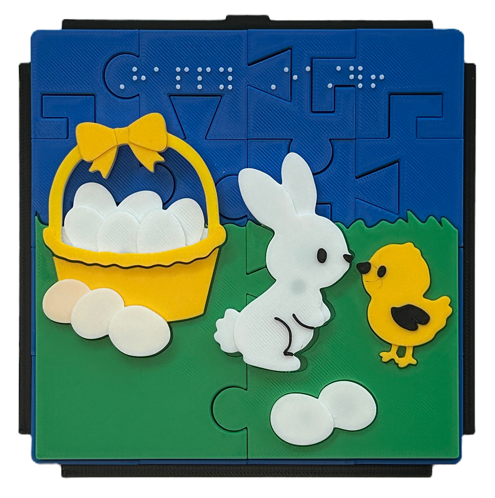 Thumbnail: The completed Easter fun jigsaw puzzle on top of magnetic base/frame