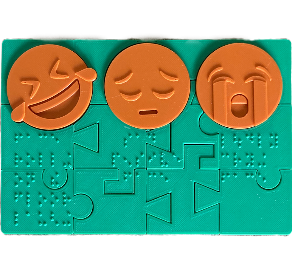 layered jigsaw puzzle of 3 emojis with braille descriptions of each