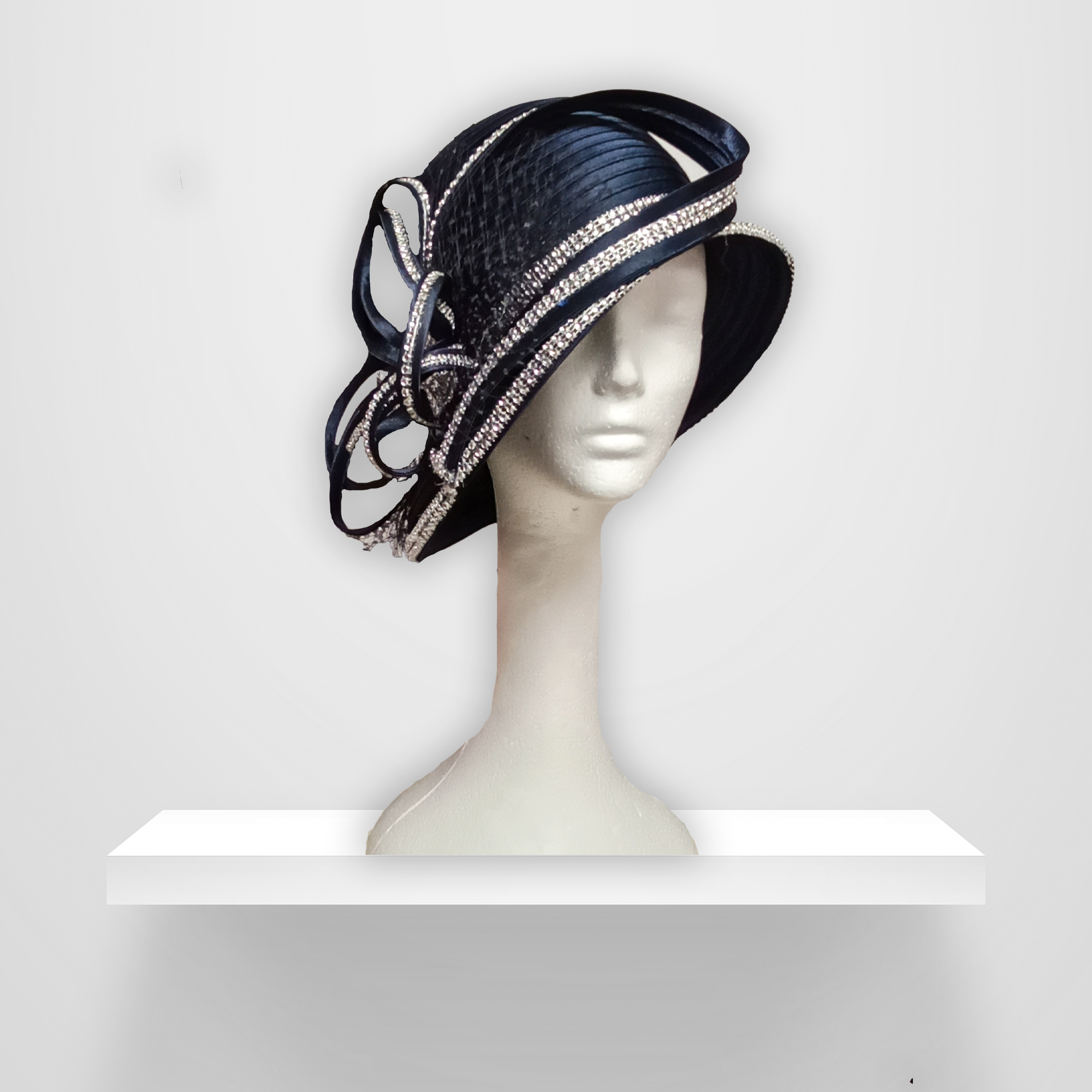 Navy Blue Asymmetrical Satin Ribbon Hat