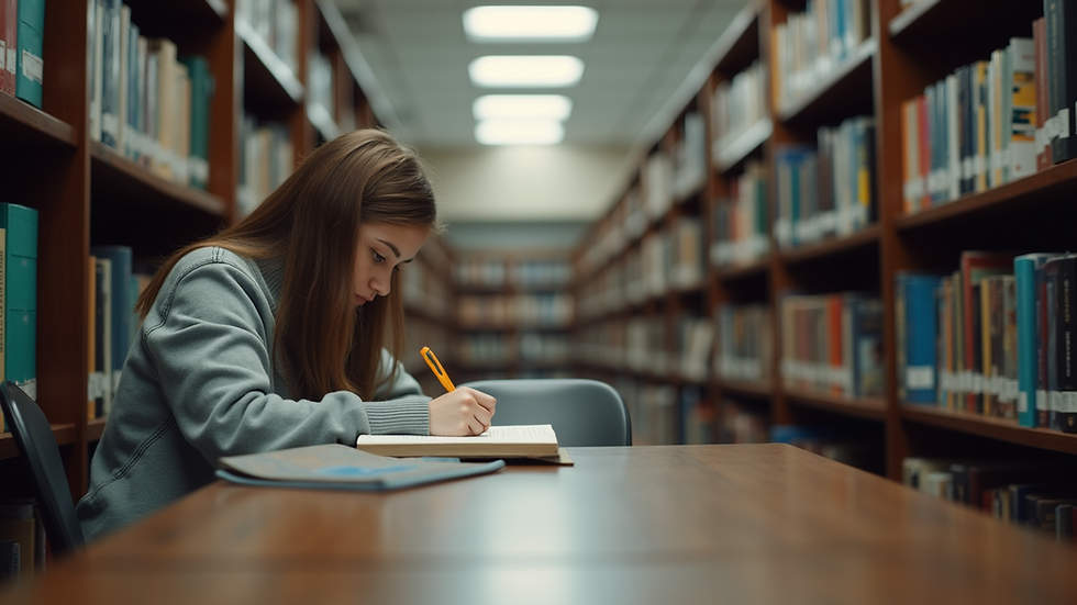 Eye-level view of a student studying in a library