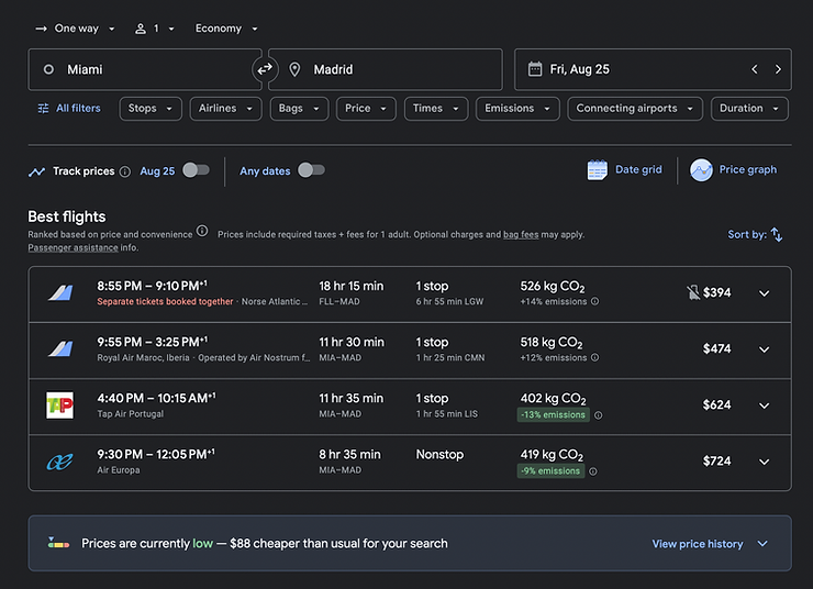 Screenshot of search results on GoogleFlights from major cities