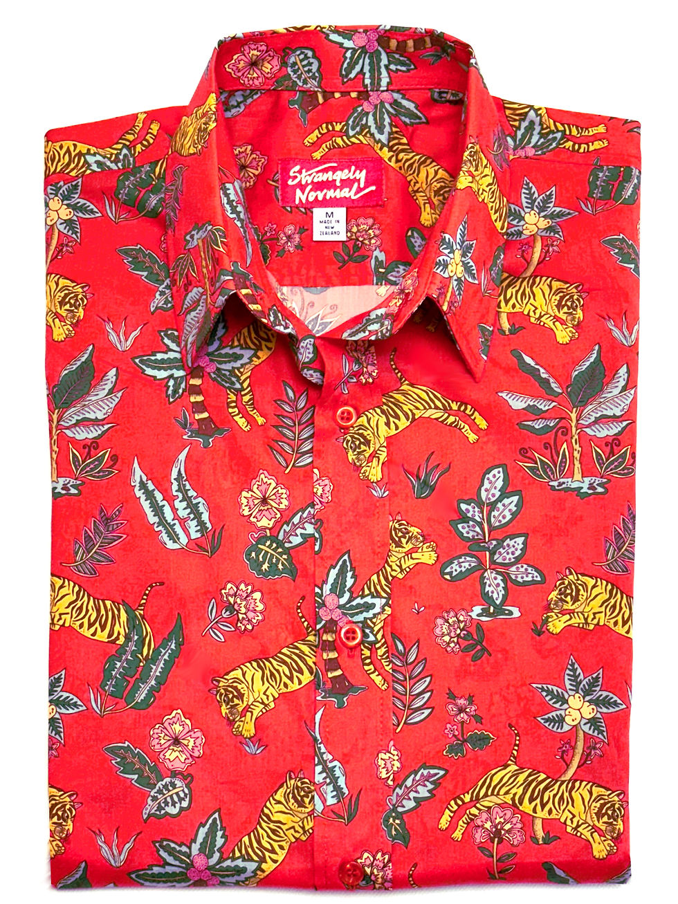 front of mans shirt depicting tigers and tropical jungle images on orange background