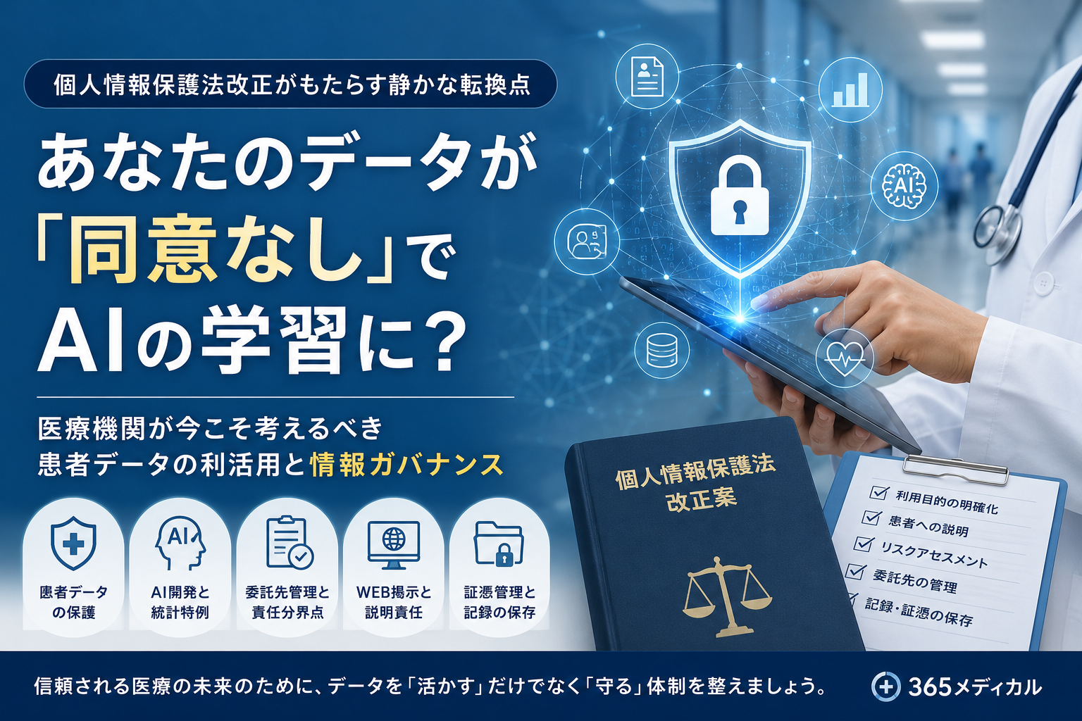 患者データはAI時代にどう守るべきか。個人情報保護法改正案と統計特例・AI特例を踏まえ、医療機関の患者データ保護と情報ガバナンスを365メディカルが解説