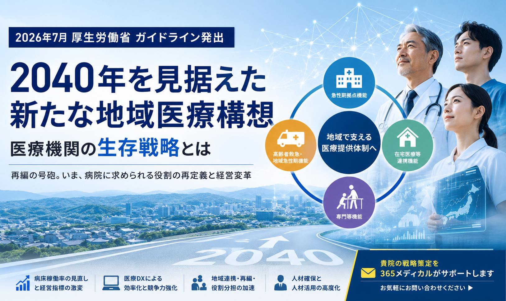 2040年を見据えた新たな地域医療構想。医療機関機能、包括期、病床再編、地域連携、医療DXなど、病院経営に必要な生存戦略を365メディカルが解説