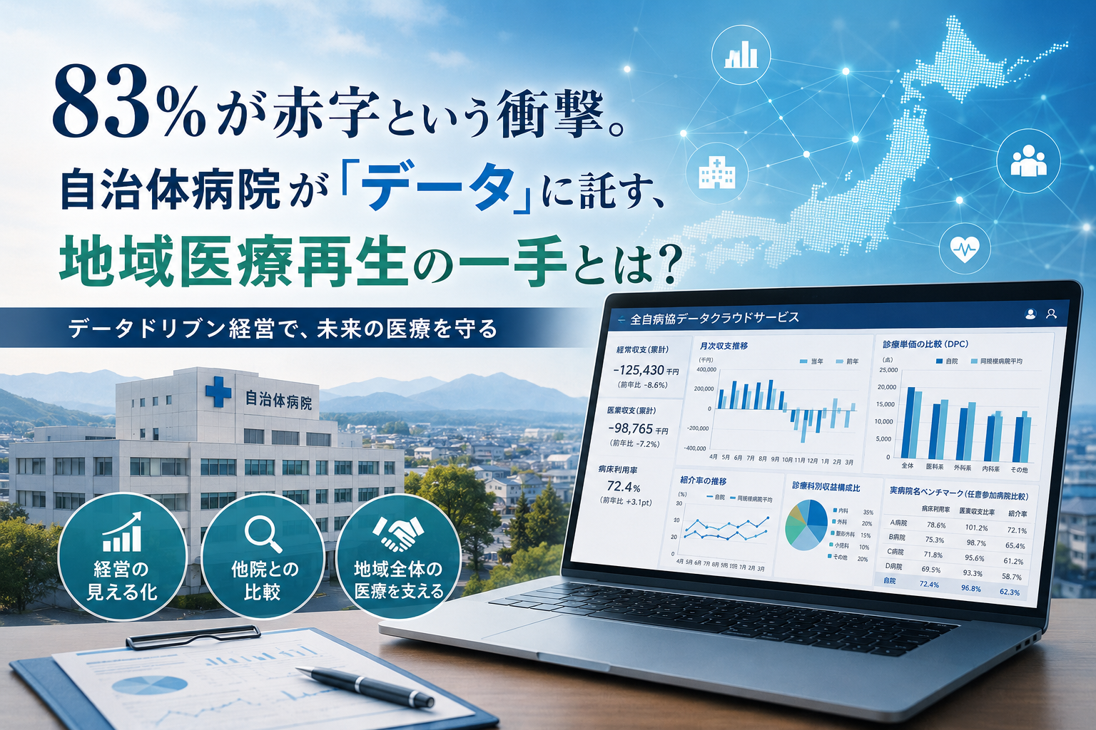 自治体病院の経営危機と医療DX・データ活用を表現したヒーロー画像