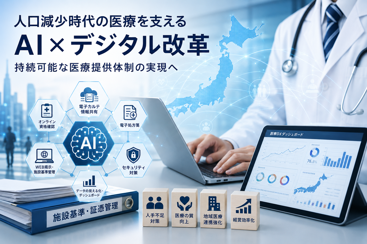 人口減少時代の医療DXはAI活用が前提になる。政府のデジタル行財政改革から医療機関が準備すべきAI活用と施設基準管理を365メディカルが解説