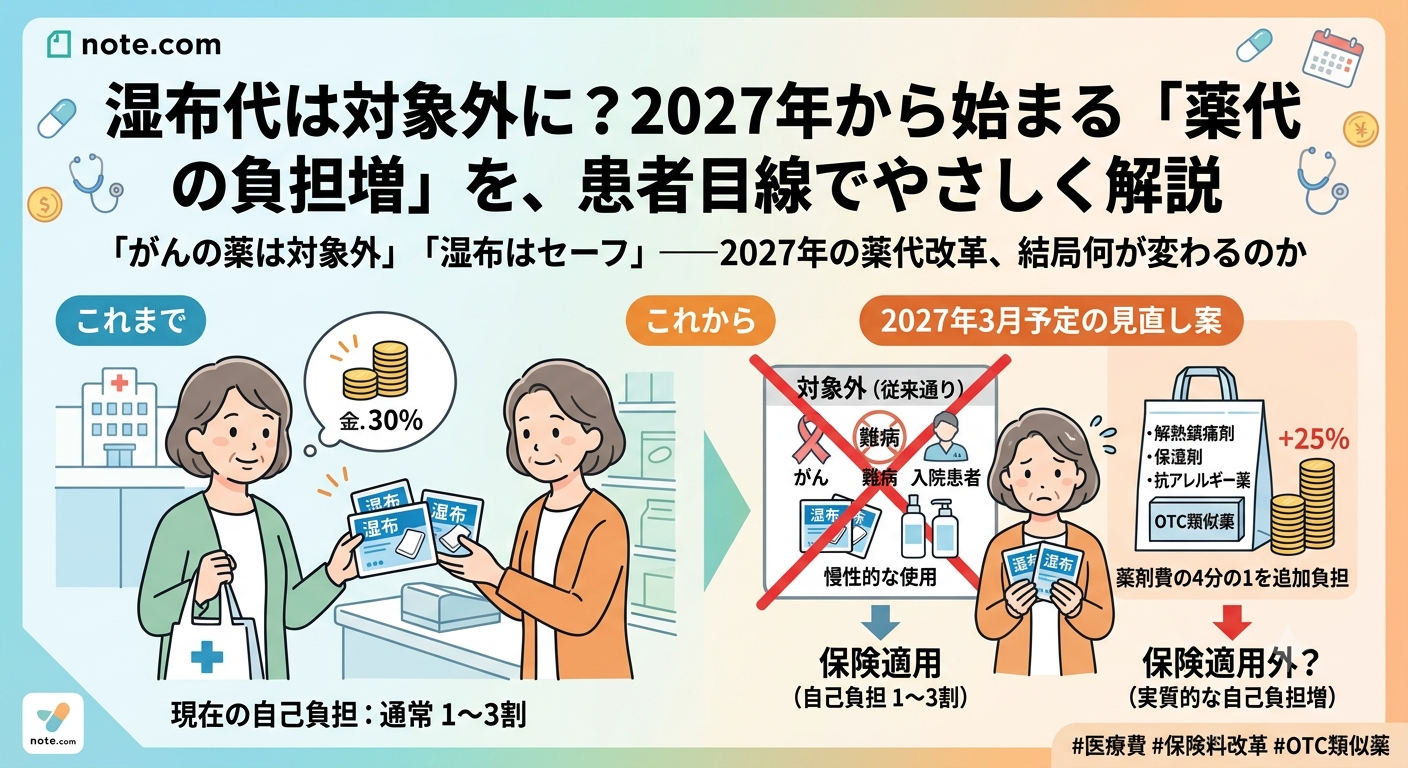 湿布代は対象外に。2027年開始が検討されるOTC類似薬の負担増制度について、対象となる薬、対象外となる患者、今後の論点を365メディカルがやさしく解説