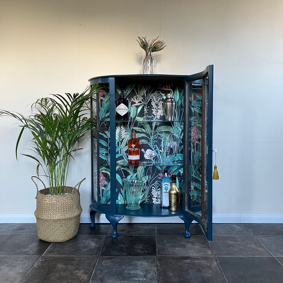 Thumbnail: Beautiful Art Deco Painted Bow Fronted Gin Cabinet / Drinks Cabinet in Farrow & Ball Hague Blue and Rainforest Velvet