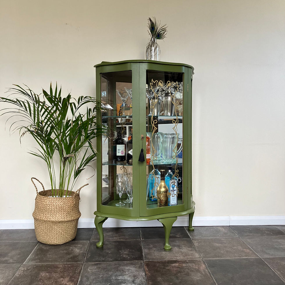 Thumbnail: Antique lockable glass cabinet with gold etched glass door on cabriole legs painted in Farrow and Ball Bancha Green