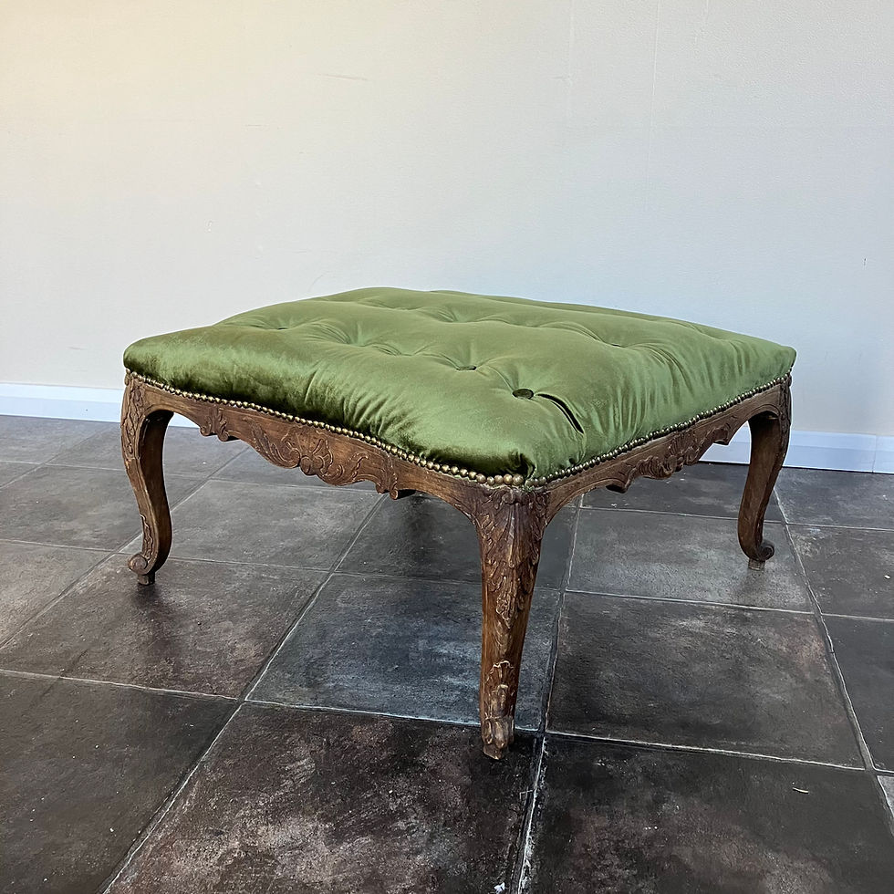 Thumbnail: Antique 19th Century large French beechwood buttoned footstool on carved Queen Anne cabriole legs in Sage Green Velvet