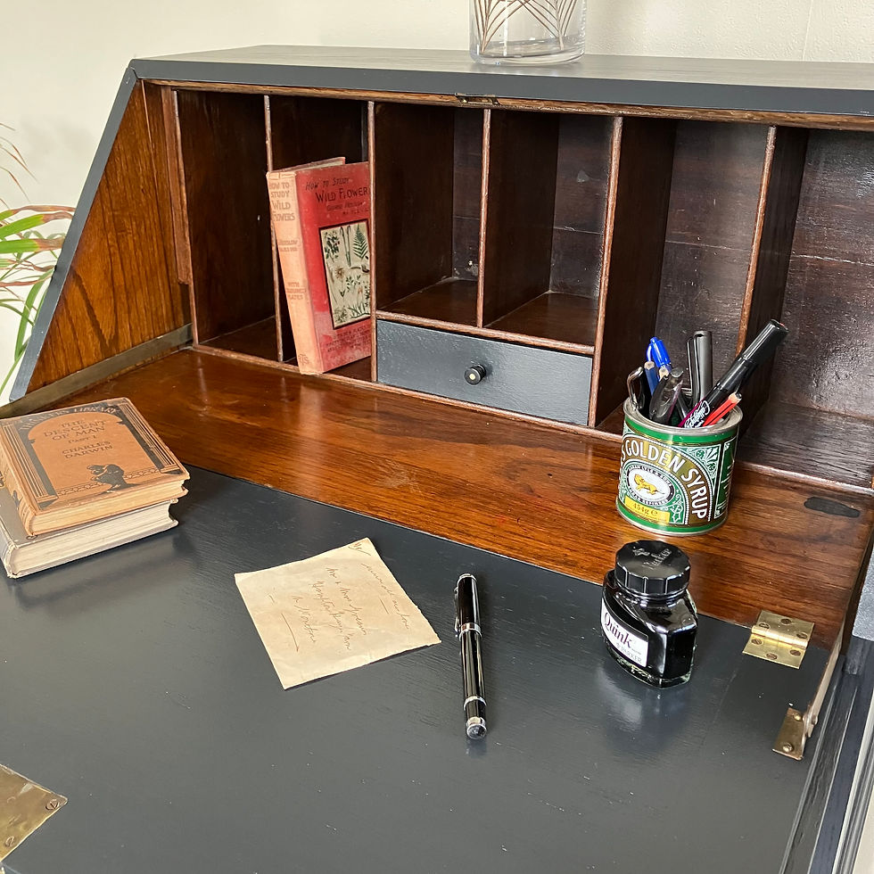 Thumbnail: Antique Painted Oak Fall Front Writing Bureau Desk Secretary on Barley Twist Legs in Farrow and Ball Off Black Office Storage