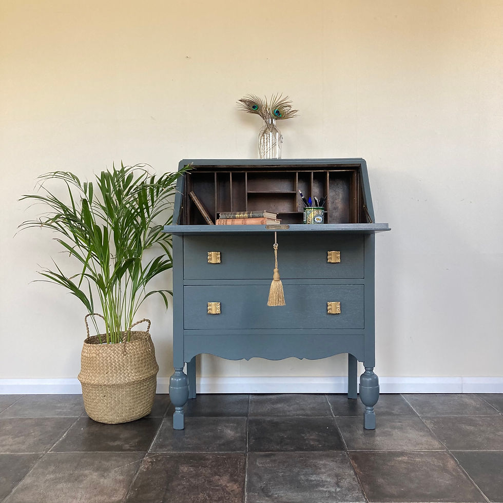 Thumbnail: Antique Painted Lebus Writing Bureau / Writing Desk in Farrow and Ball Down Pipe