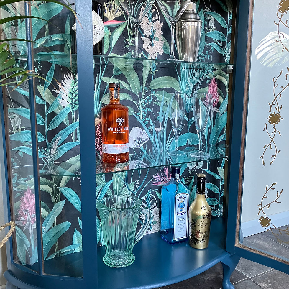 Thumbnail: Beautiful Art Deco Painted Bow Fronted Gin Cabinet / Drinks Cabinet in Farrow & Ball Hague Blue and Rainforest Velvet