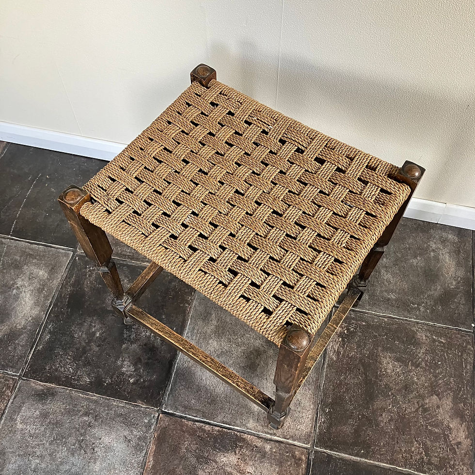 Thumbnail: A handsome characterful and rustic Antique Victorian woven jute seat stool / piano stool on turned supports