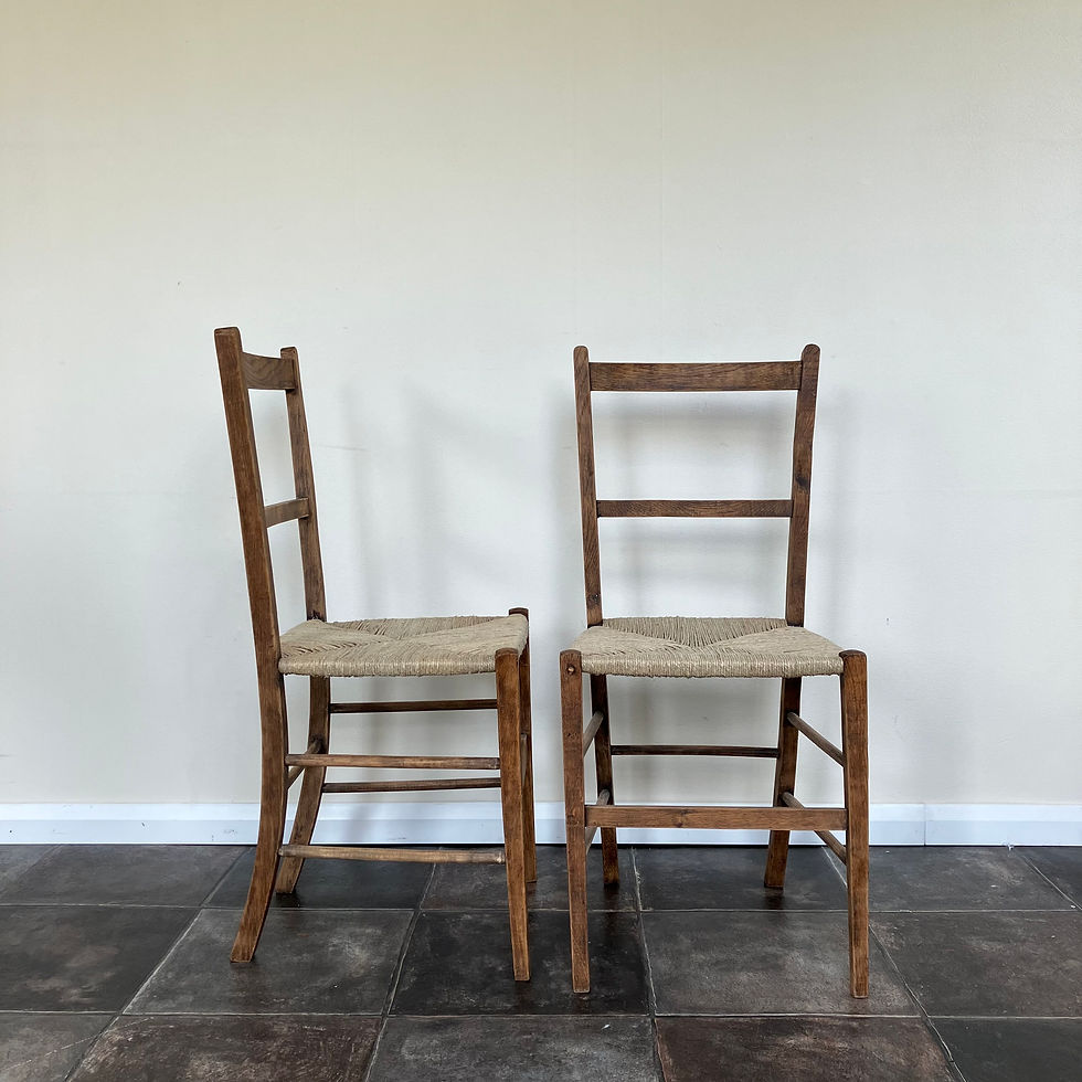 Thumbnail: A Pair of Antique Rustic Oak Chairs with Jute Woven Seats