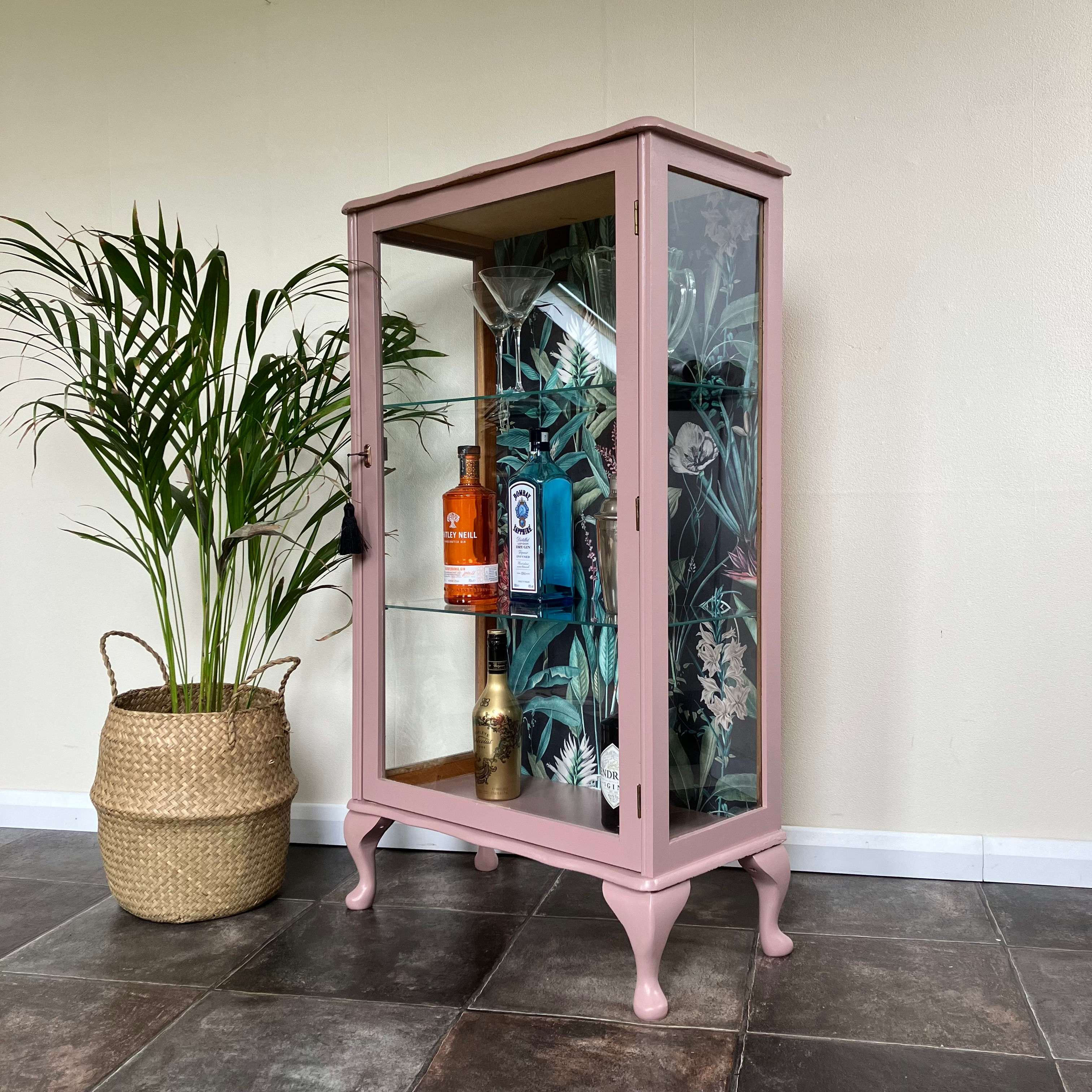 Vintage Painted Lockable Art Deco Glass Gin Drinks Display Cabinet in Farrow and Ball Sulking Room Pink Eggshell