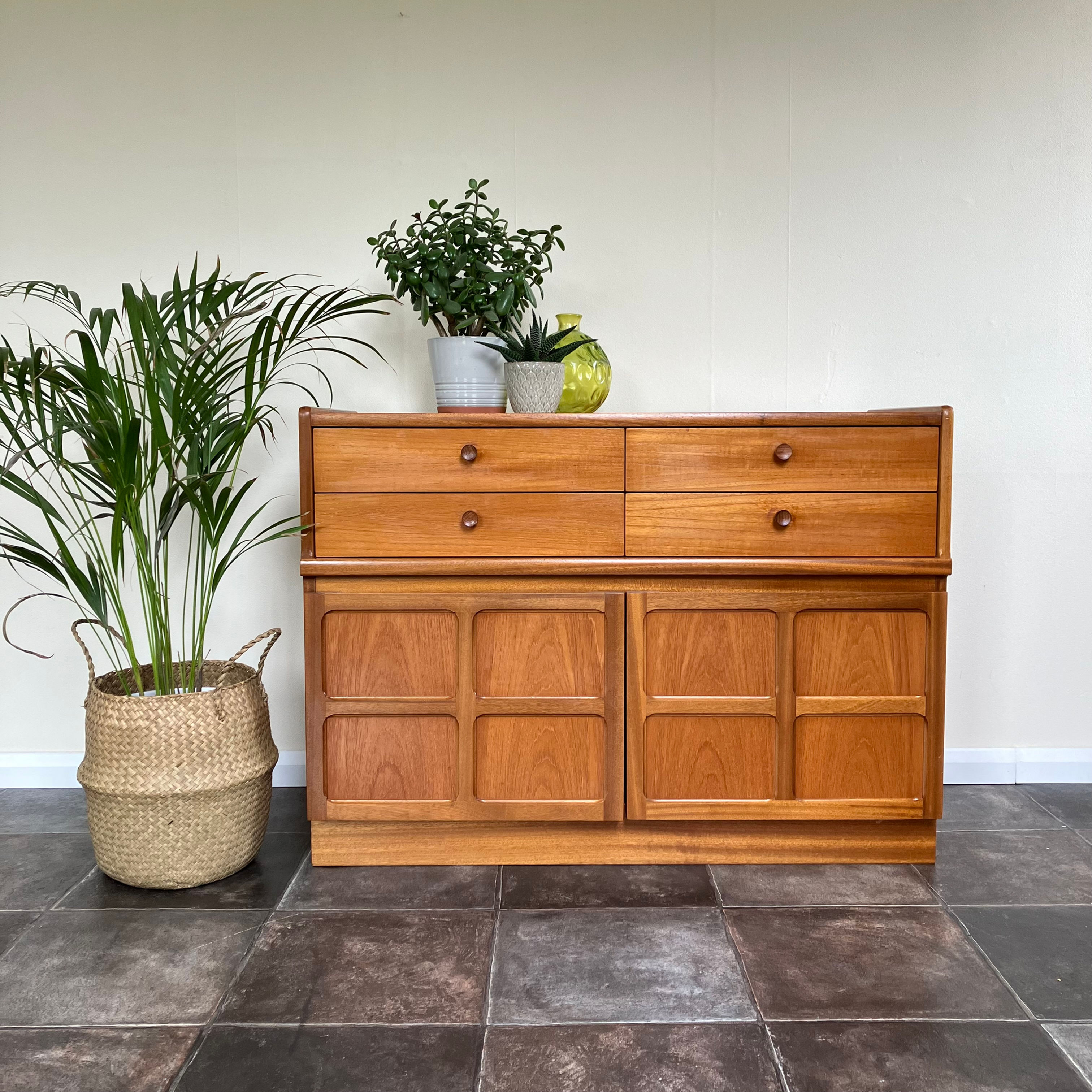 Retro Mid Century 1970s Teak Sideboard by Nathan Furniture in the iconic Nathan squares design with four drawers and cupboard