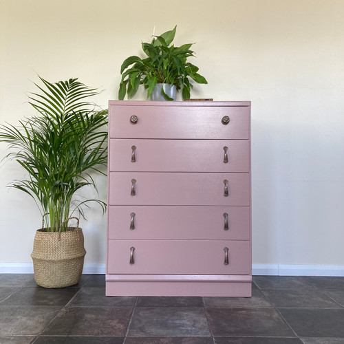 Mid Century Upcycled Pink Chest of Drawers in Farrow and Ball Sulking