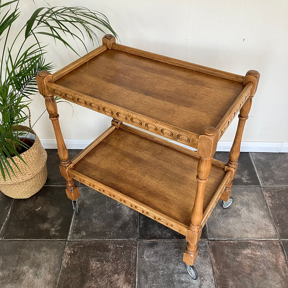 Thumbnail: Superbly refurbished mid century painted two tier solid oak and beech drinks trolley / hostess trolley / bar cart by Priory