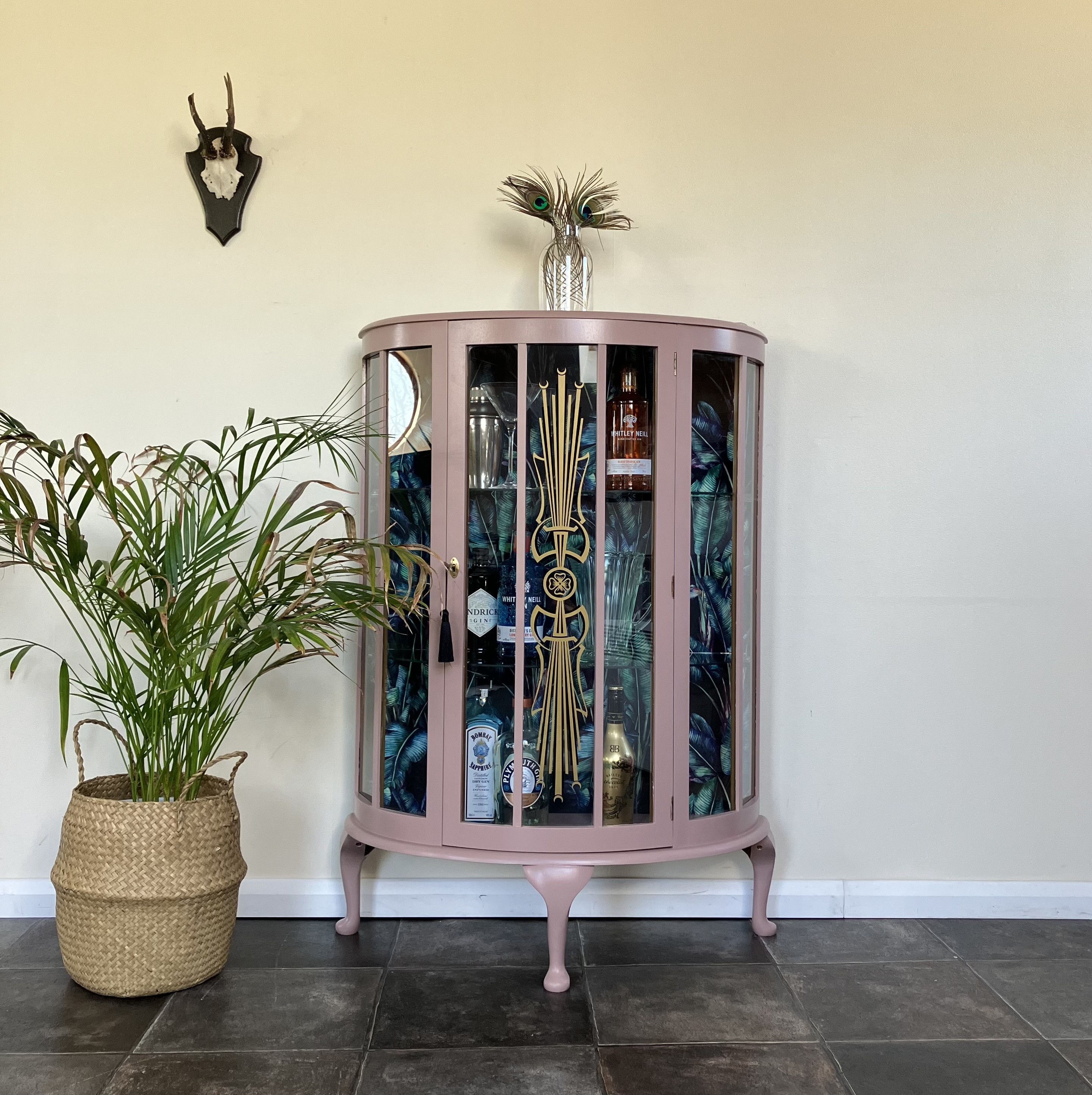 Stunning Painted Art Deco Demi Lune Pink Glass Display Cabinet in Farrow and Ball Sulking Room Pink with Tropical Paradise