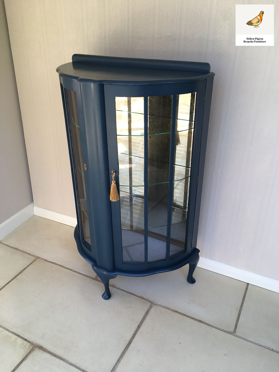 Thumbnail: Elegant Painted Blue Vintage Demi Lune Double Display Cabinet on Cabriole Legs